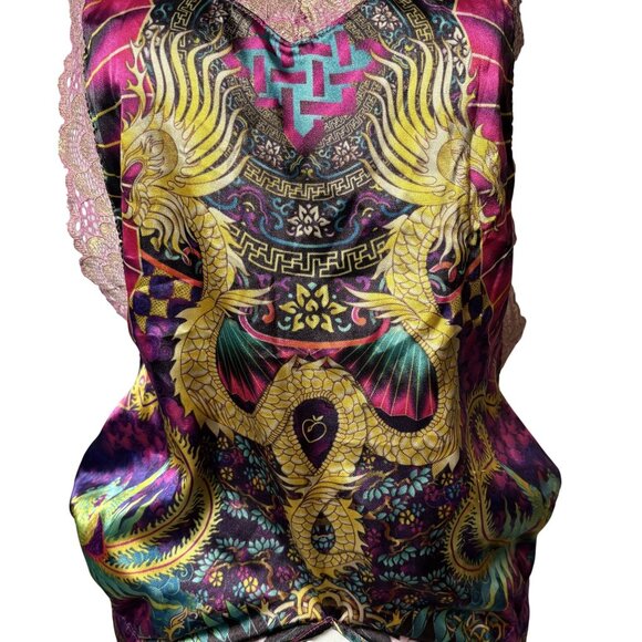 Womens Size L Silky Dragon Print Lingerie Racer Back Lace Trim Cami & Shorts Set - Picture 4 of 15